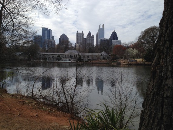 Atlanta skyline as seen from Piedmont Park over a pond