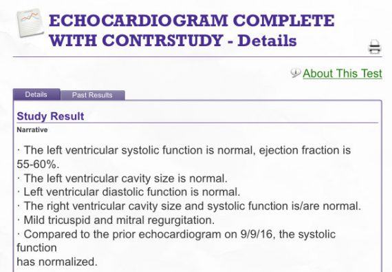 results showing a normal ejection fraction of 55-60%