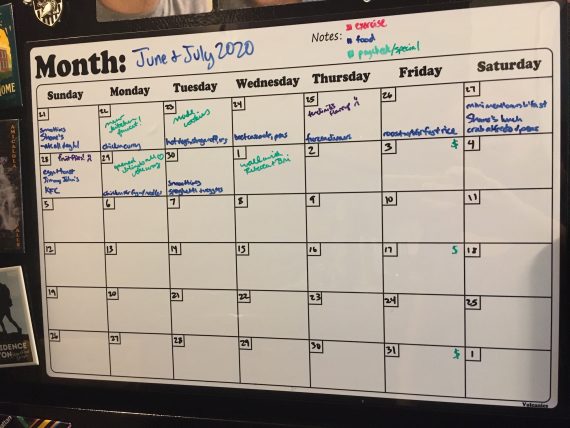A refrigerator whiteboard calendar starting on June 21 and ending on August 1, with entries color-coded for exercise, food, and paycheck/special